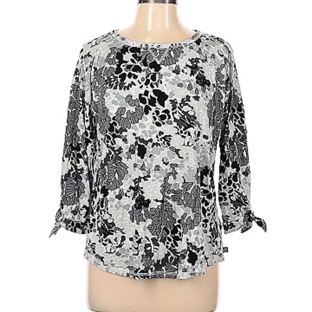 T by Talbots TIE CUFF TOP - Grey Floral Print Large NWT